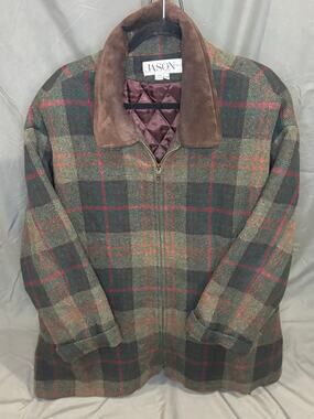 Vintage Jason Kole Plaid Wool Blend Jacket Suede Collar Quilted Lined 42W